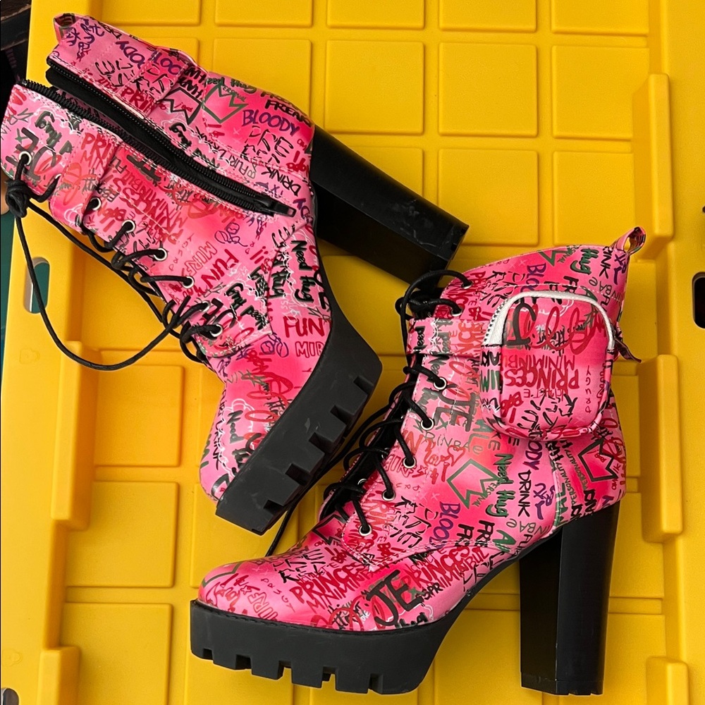 Yoki Pink Graffiti Platform Heeled Boots